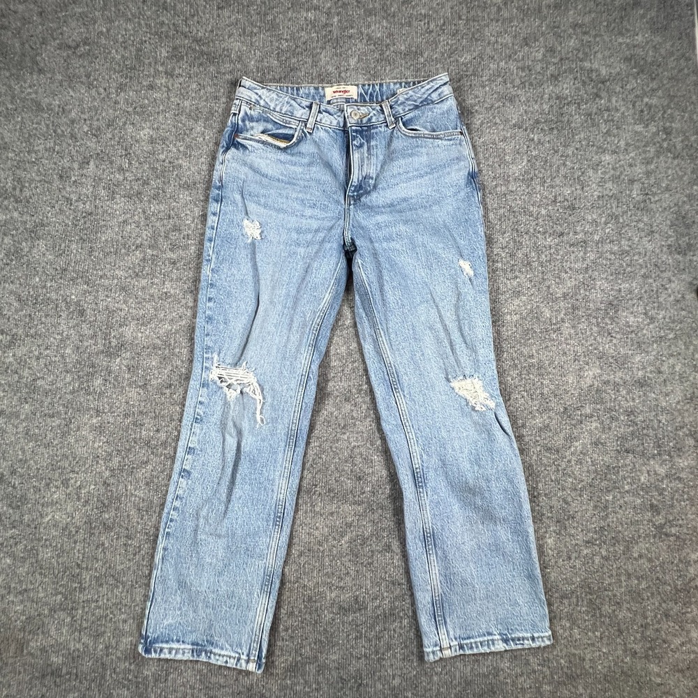 Wrangler Rodeo Straight Crop Jeans Womens 6x28 Blue Cotton High Rise Distressed